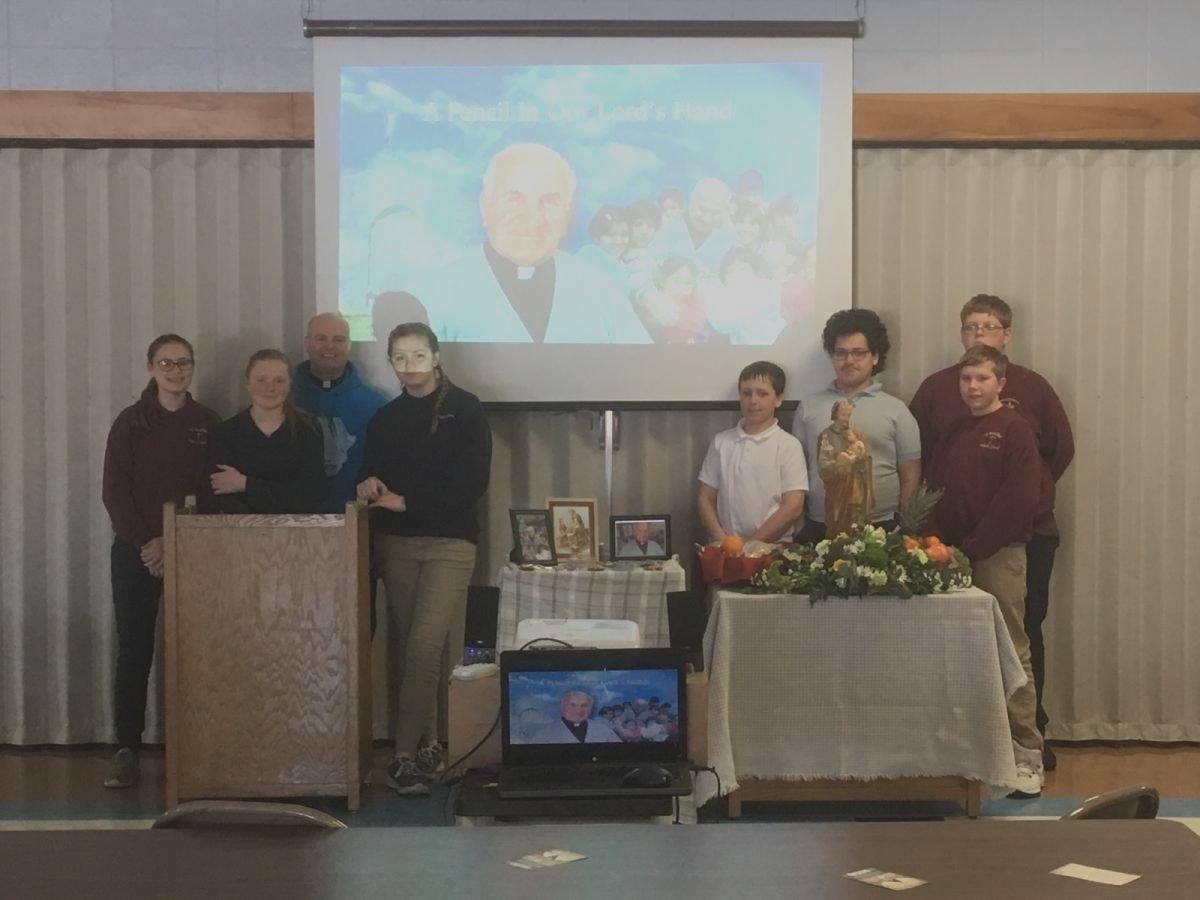 Students from Saints Peter and Paul School in Independence gathered to watch clips of A Pencil in our Lord’s Hand during their lunch hour and learn more about the meaning of Father Joe’s Canonization process. That evening, the Lenten Bible Study group received a special visit from Father Sebastian Kolodziejczyk who shared memories of his years working with Fr. Joe. 